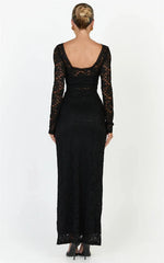 Black Lace Sheer Long Sleeve Ruched Maxi Dress