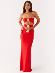 Metal Rose Hollow Out Off-shoulder Backless Long Dress