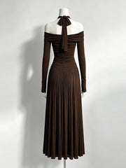 Long Sleeve Cut Out Neck Ruched Bodice Maxi Dress