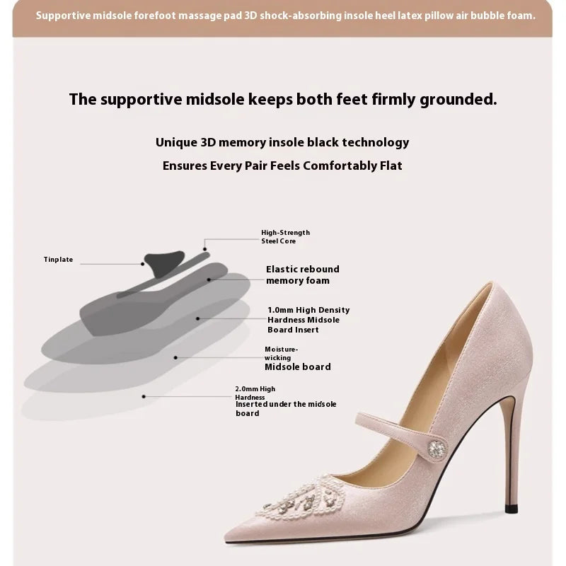High-heeled shoe with technical diagram of sole structure on a white background