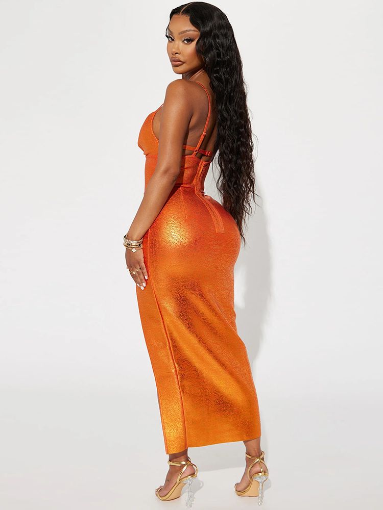 Women's V-neck Sleeveless Orange Tight Bandage Maxi Dress