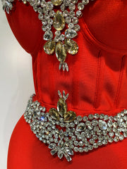 Strapless V-Neck Crystal Embellished Body-Con Maxi Dress