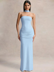 Strapless Choker Neck Gathered Waist Maxi Dress