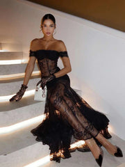 Black Slash Neck Jacquard Mesh Patchwork Dress