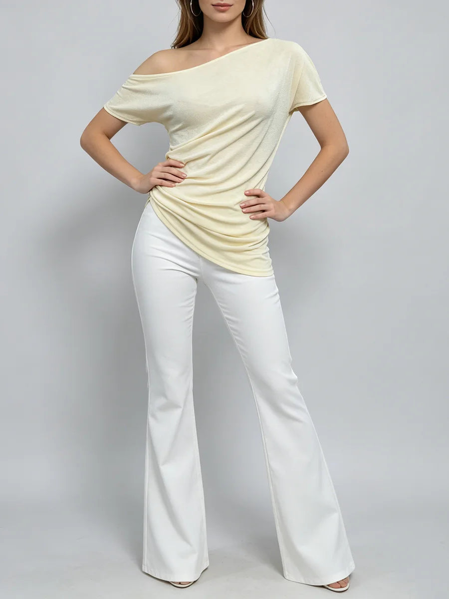 Diagonal collar asymmetrical top with short sleeves