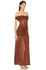 Off-the-shoulder sheer tulle maxi dress side view