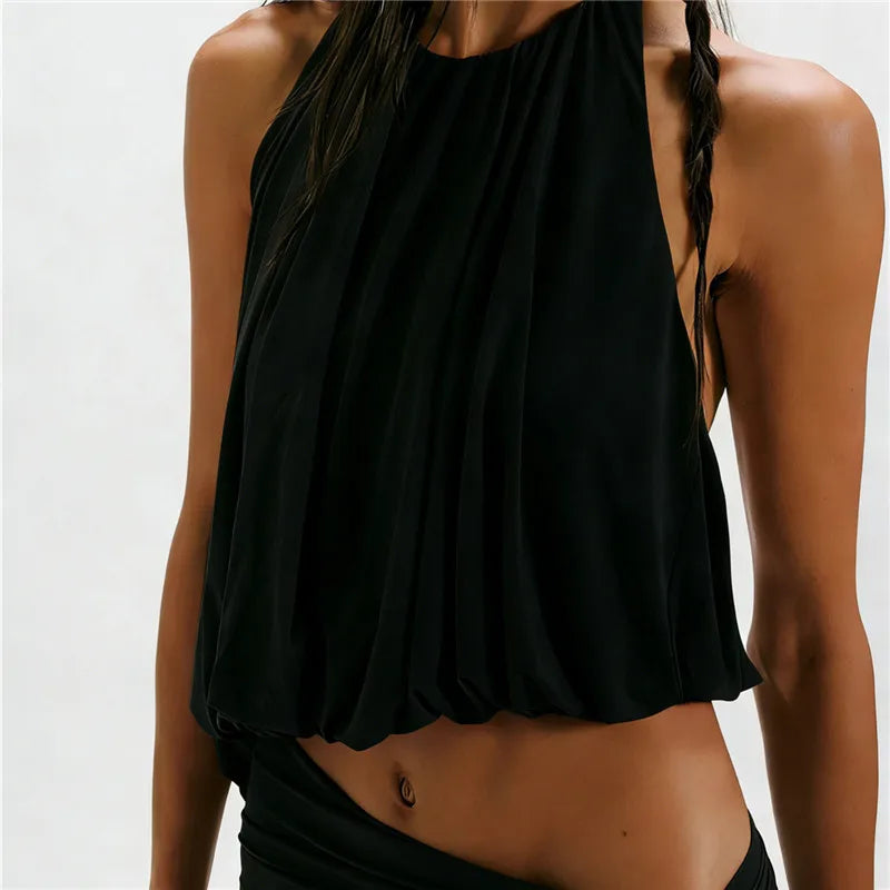 Black gathered halter crop top