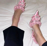 Satin Lace Crystal Pointed Toe Pleated Stiletto High Heel Shoes