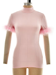 Mock Neck Feather Trim Sleeve Top