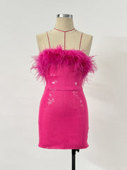 Women Strapless Feathers Sequins Pink Bodycon Mini Dress