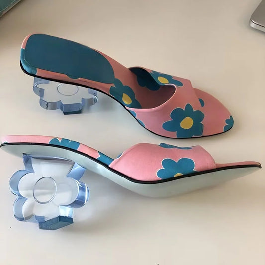Pink floral print mule with a clear acrylic flower heel