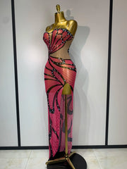 Strapless maxi dress with butterfly print and rhinestone embellishments.