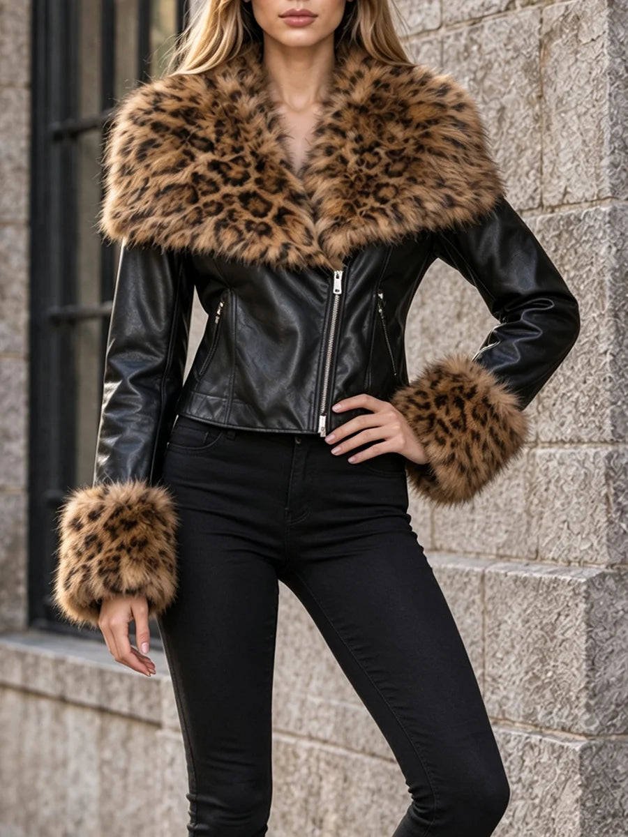 Leopard print faux fur collar jacket side view