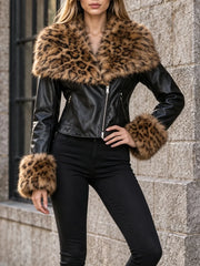 Leopard print faux fur collar jacket side view