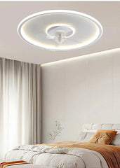 A modern LED ceiling fan with integrated light fixture, illuminating a stylish Dining room. Golden Atelier 13