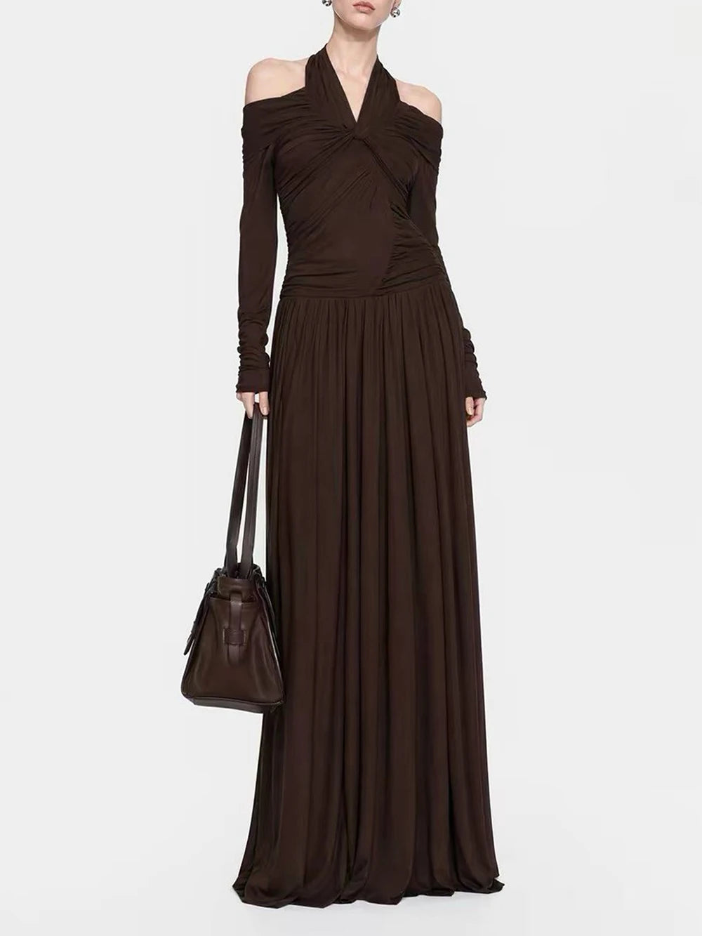 Ruched halter maxi dress with off-shoulder long sleeves