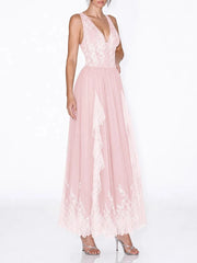 Pink lace v-neck sleeveless maxi dress side view