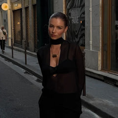 Sheer Hollow Neck Cutout Long Sleeve Top