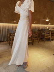 Full body view of lace puff sleeve maxi dress
