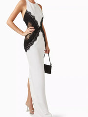 White evening gown with black lace details 