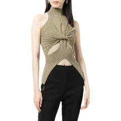 Sleeveless Knitted Solid Cross Hollow Out Top