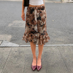 Floral print midi skirt with ruffled hem