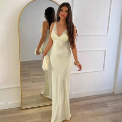 Spaghetti Strap V-Neck Lace Trim Satin Maxi Dress