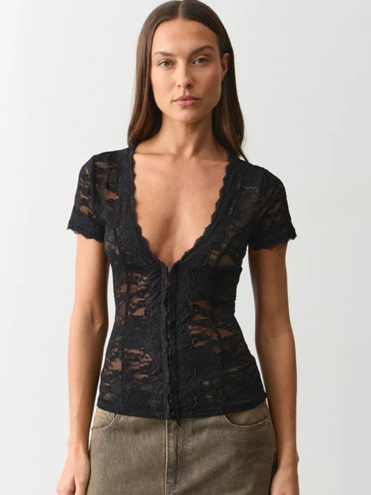 Black lace v-neck short sleeve top