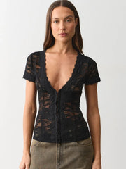 Black lace v-neck short sleeve top