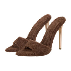 Brown fluffy pointed toe stiletto heels