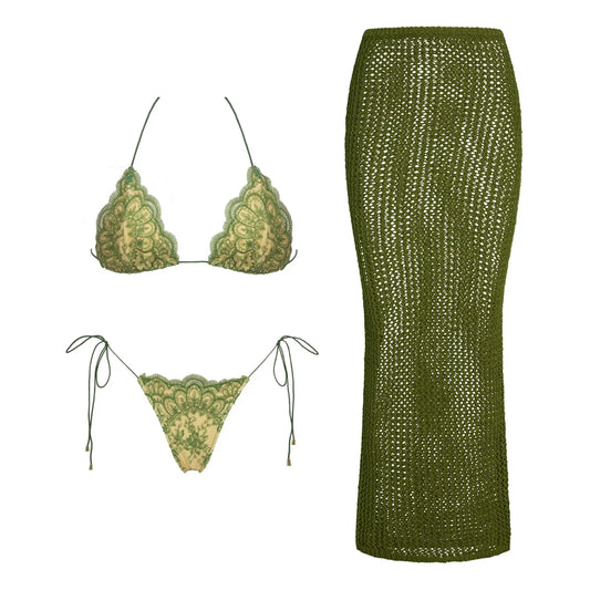 Green crochet bikini top and bottom