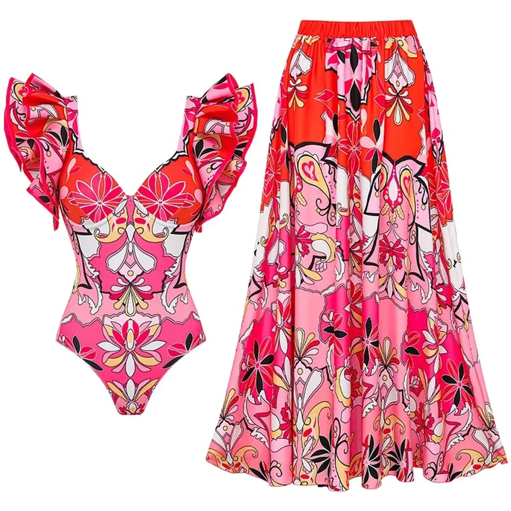 Pink floral print one-piece swimsuit with ruffled sleeves and matching maxi skirt