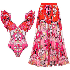 Pink floral print one-piece swimsuit with ruffled sleeves and matching maxi skirt