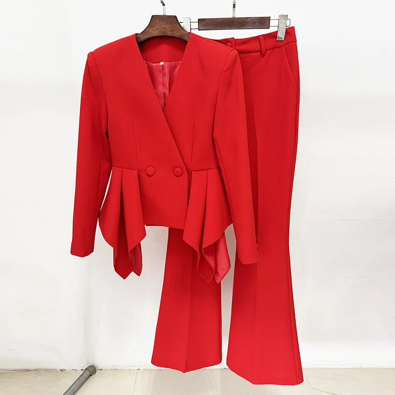 Red peplum blazer and flare trousers suit set displayed on hangers