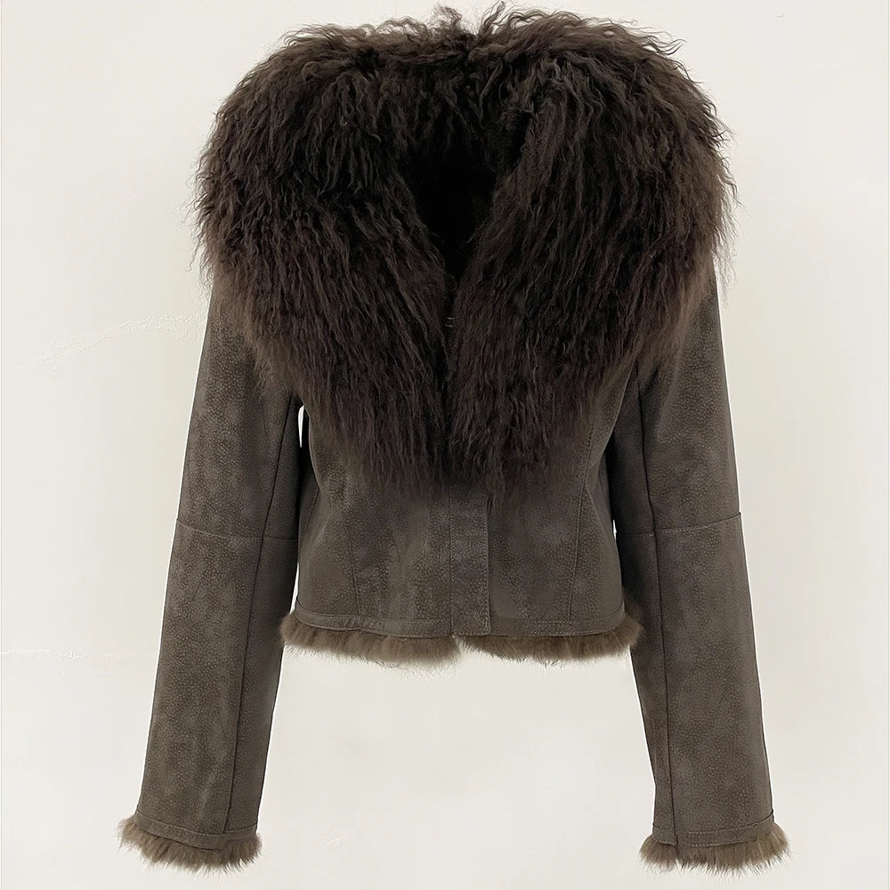 Brown suede jacket with fur collar on a white background