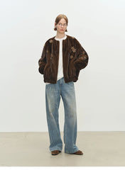 Beaded Brown Faux Fur Bomber Jacket