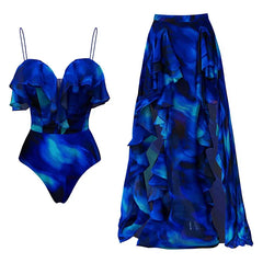 Ruffled Floral Print One-Piece Swimsuit and Maxi Skirt Set