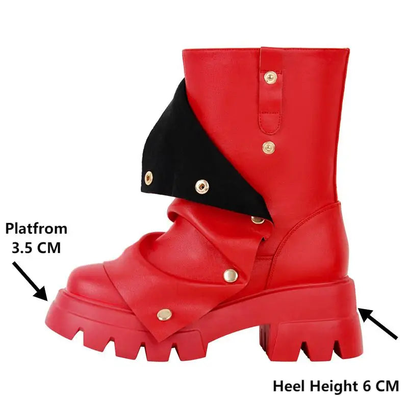 Red leather chunky platform foldover boots with measurements