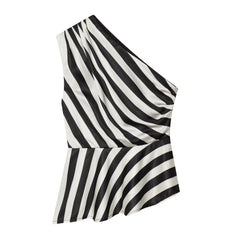 Striped one shoulder asymmetric peplum top flat lay