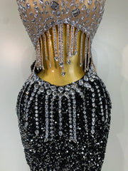 One-Shoulder Black Rhinestone Cut Out Maxi Dress