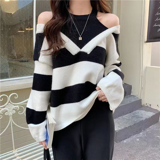 Halter Pullovers Striped Baggy Sweater For Girls