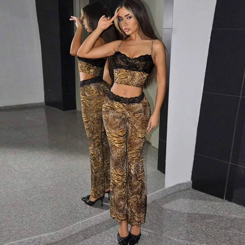 Leopard print two-piece set with lace trim cami top and flare pants for women.