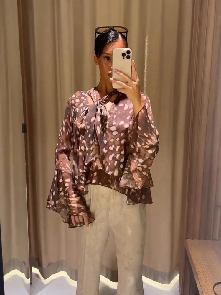 Deer print tie neck flare sleeve top detail