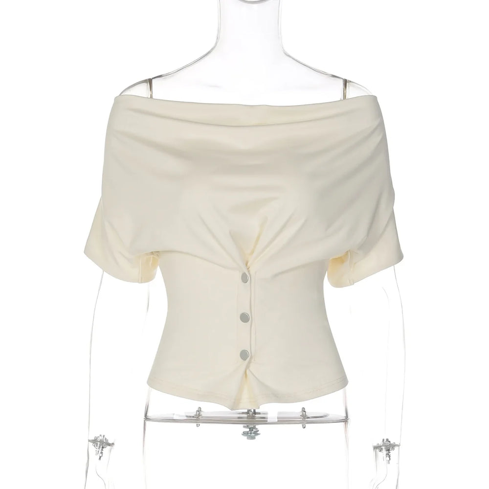 White off-shoulder top with buttons on a mannequin against a white background