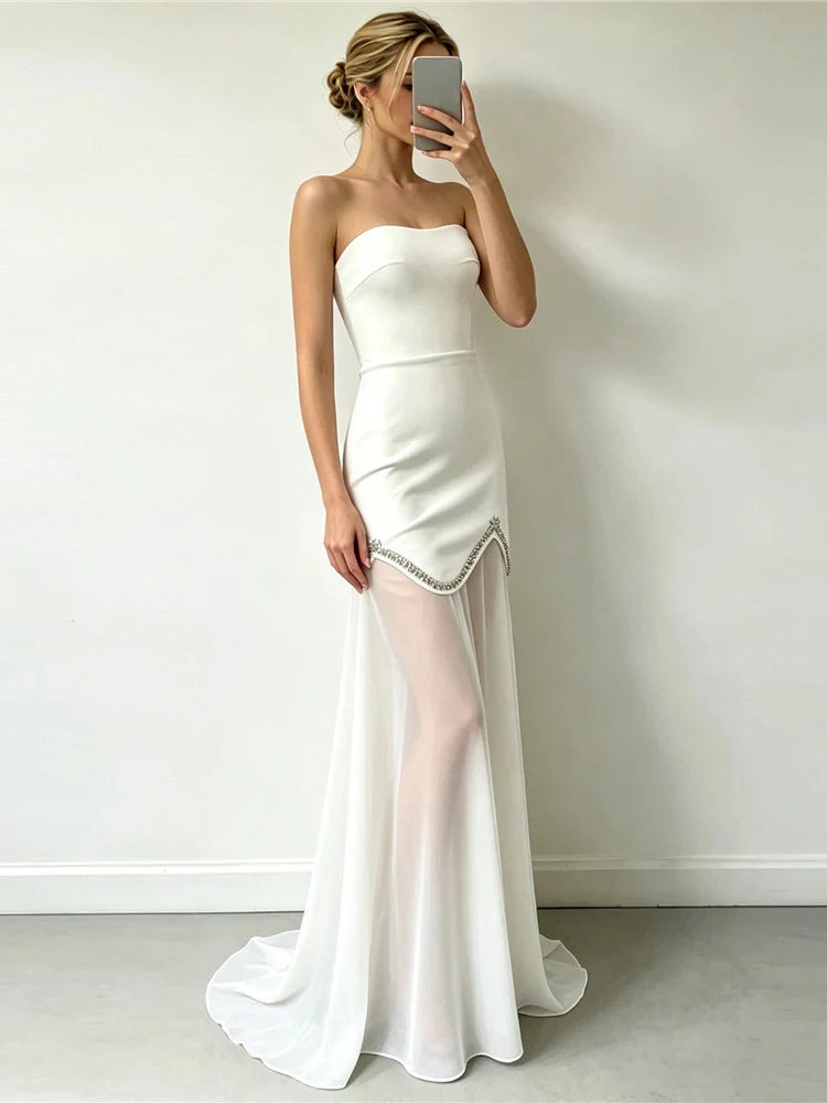 White strapless top and maxi skirt two-piece set with diamond trim