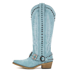 Light blue cowboy boot with decorative studs and a buckle on a white background