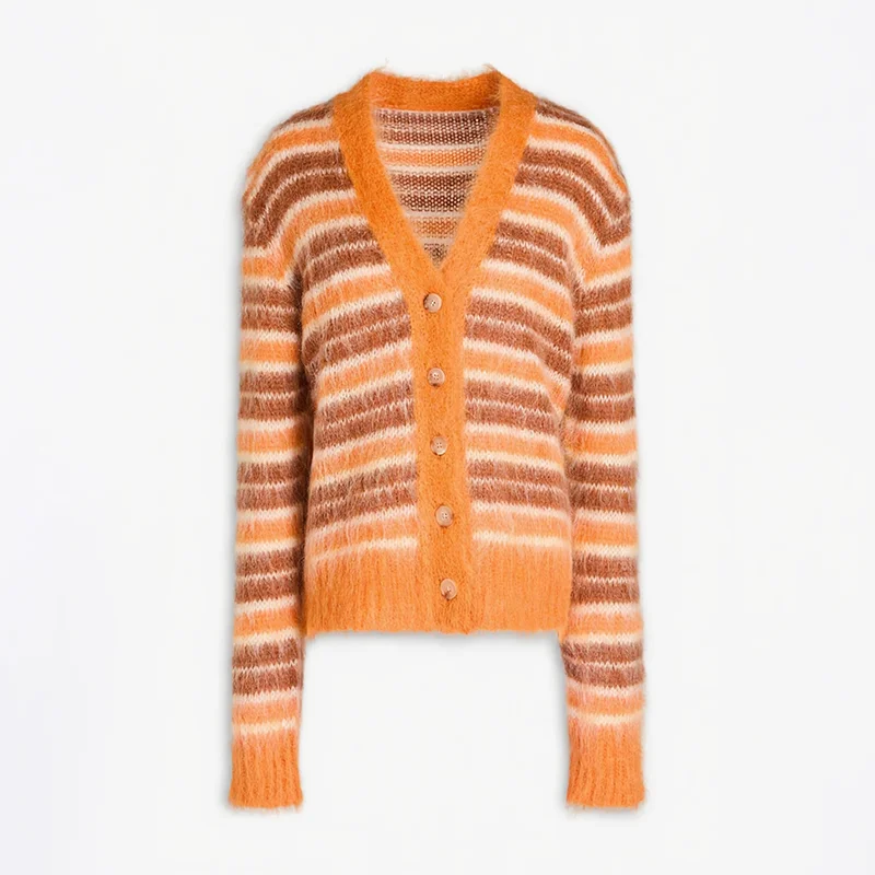 Striped orange and brown cardigan on a white background