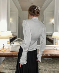 Women's white ruffled sleeve cardigan with patchwork blouses.