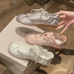 Satin Ballet Sneakers Round Toe Lace Up Bowknot Flats