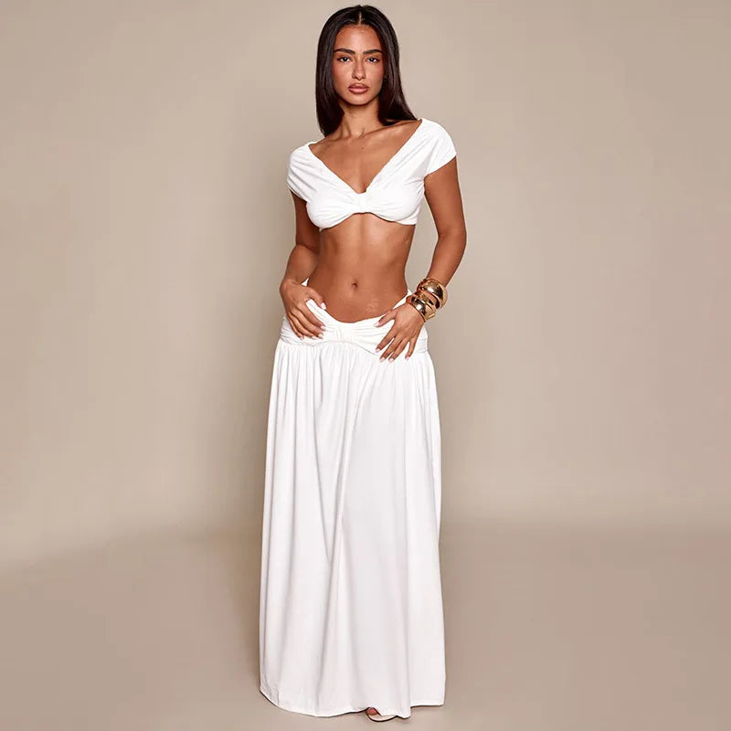 Twisted V-neck crop top with short sleeves and gathered maxi skirt in white